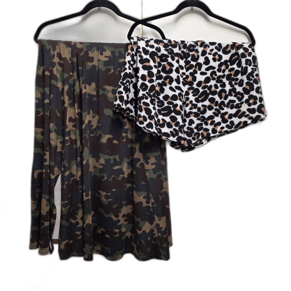 LuLaRoe Jennifer Camo Maxi Skirt & Yvett Leopard Shorts Outfit Set Large EUC